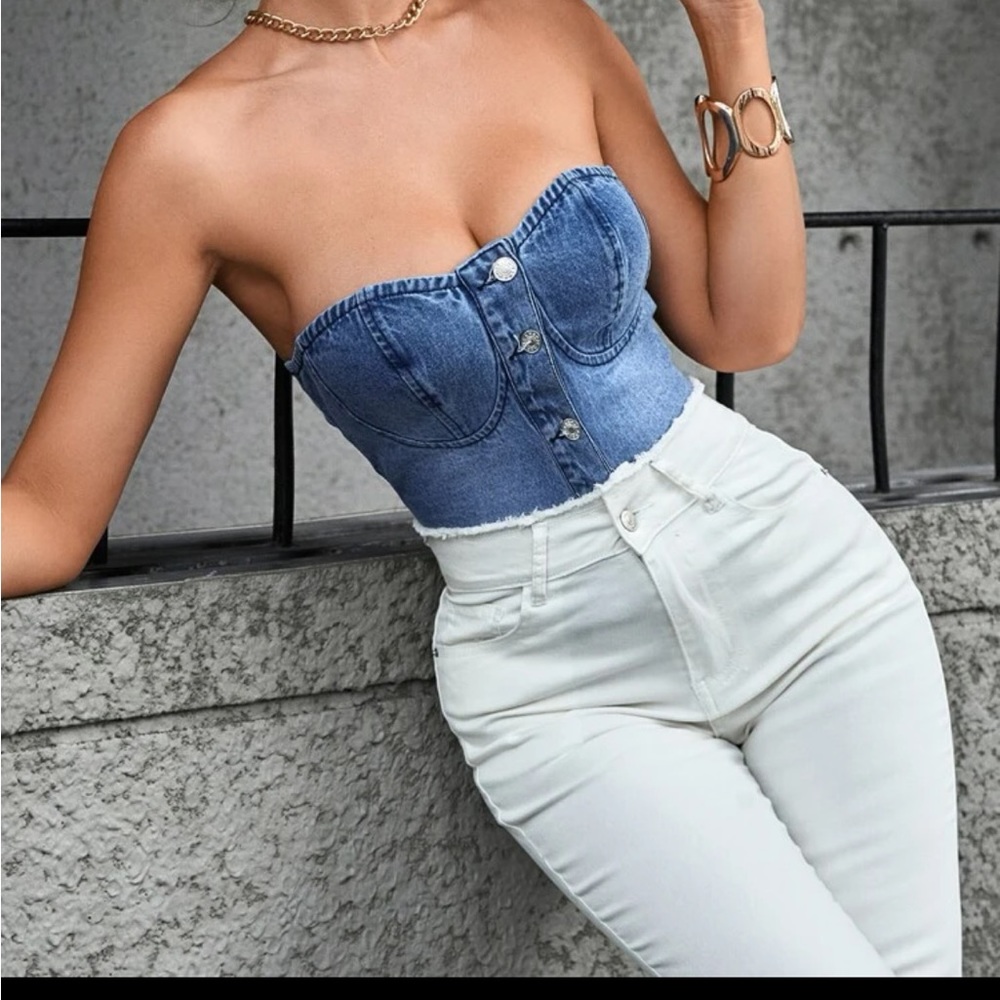 Button denim tube top